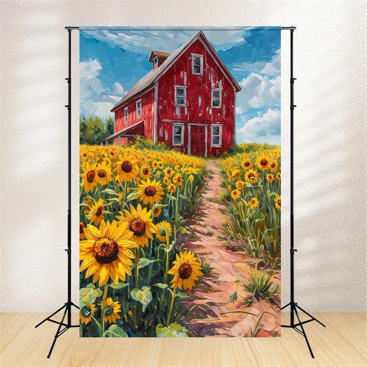 Toile de Fond Beaux-Arts Grange Rouge Rustique Tournesols GTY-118