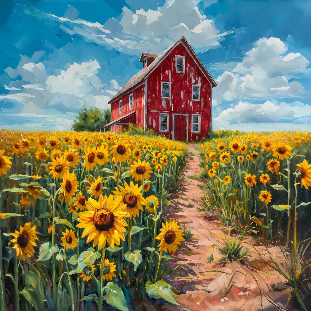 Toile de Fond Beaux-Arts Grange Rouge Rustique Tournesols GTY-118
