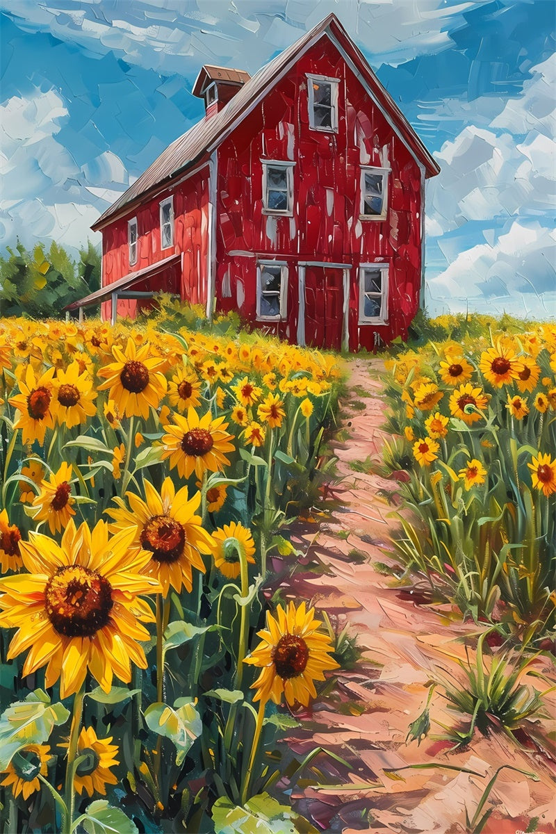 Toile de Fond Beaux-Arts Grange Rouge Rustique Tournesols GTY-118