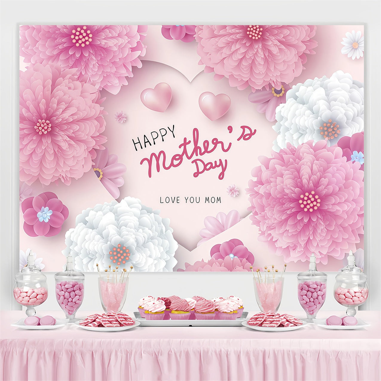 Toile de fond Fête des Mères Personnalisable Fleurs Délicates Cœurs CJJ3-189