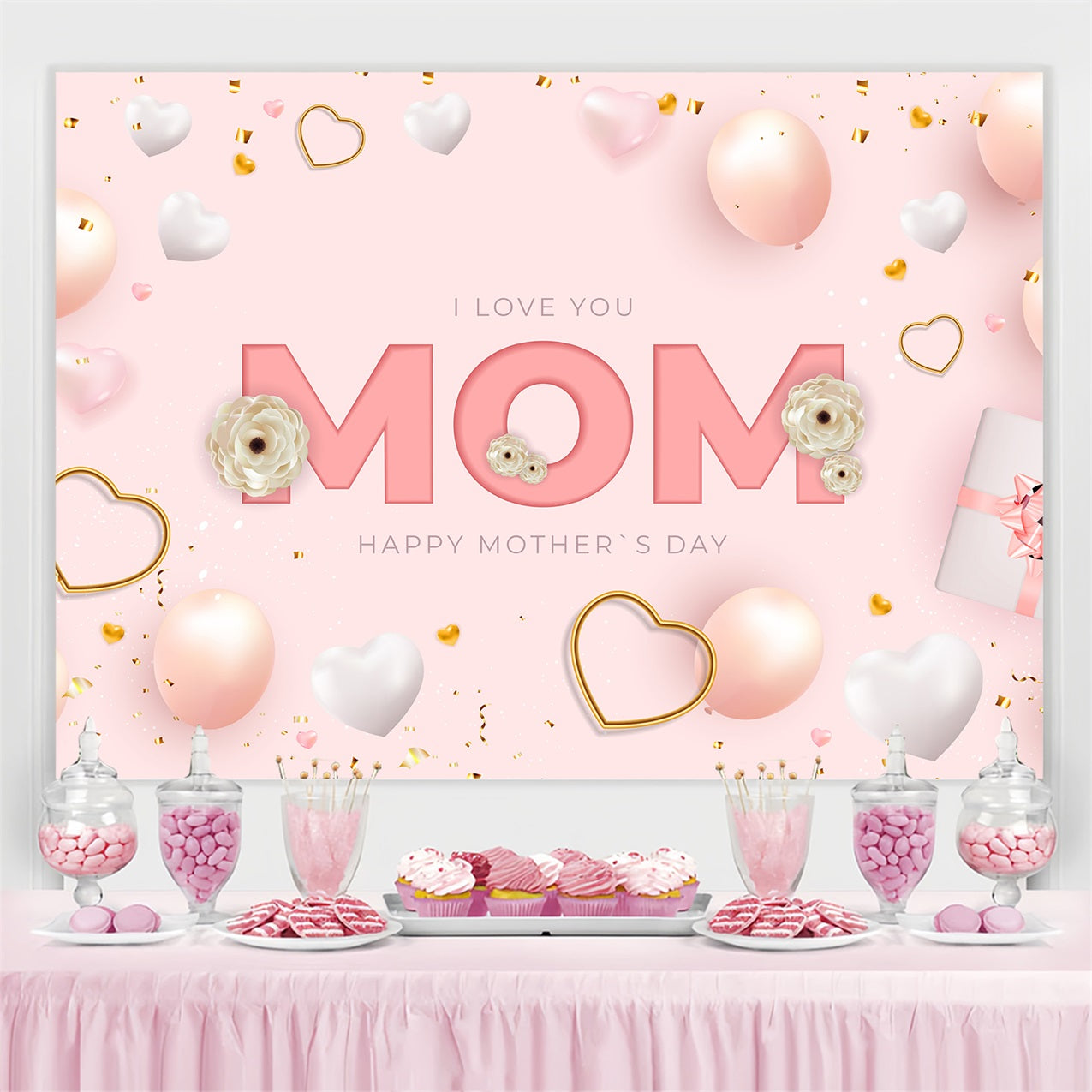 Toile de fond Fête des Mères Personnalisable Ballons Fête Rose CJJ3-199