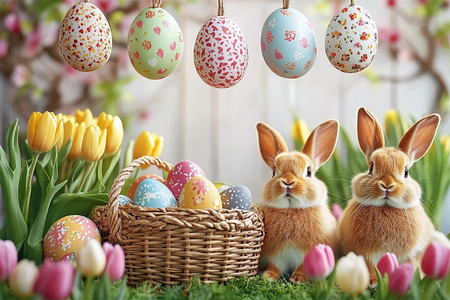 Toile de fond Déco Pâques Œufs Suspendus Tulipes GTY3-232