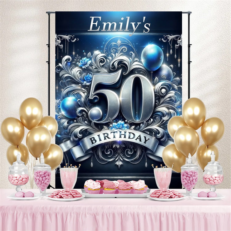 Toile de fond Anniversaire Personnalisée Célébration Florale Argentée 50ème GTY3-251