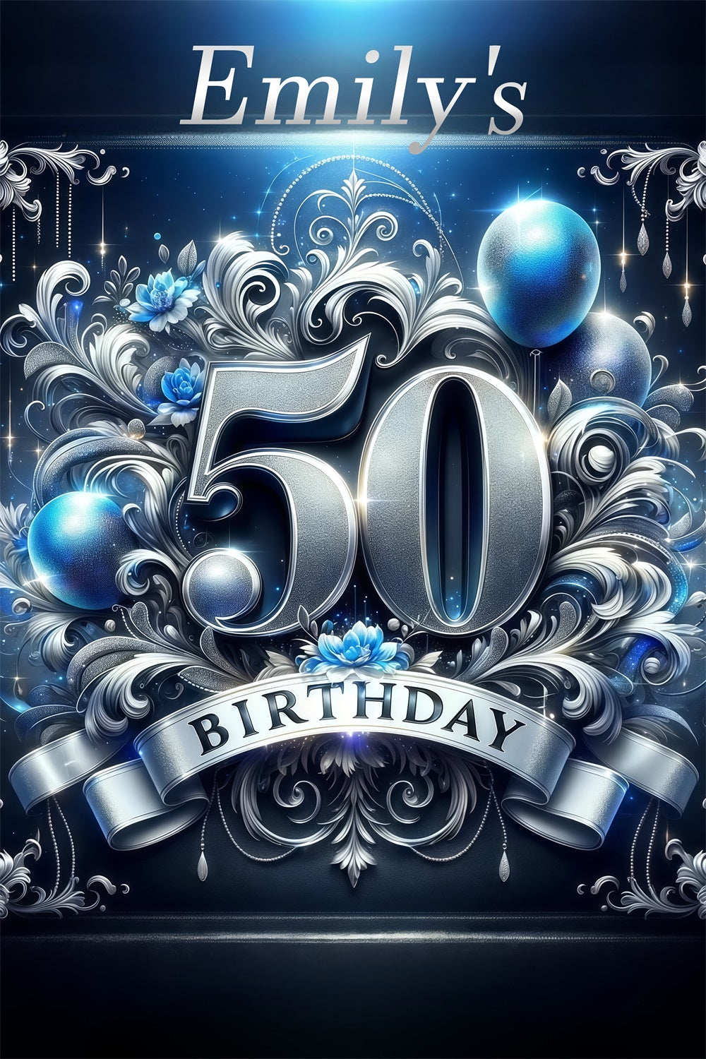 Toile de fond Anniversaire Personnalisée Célébration Florale Argentée 50ème GTY3-251