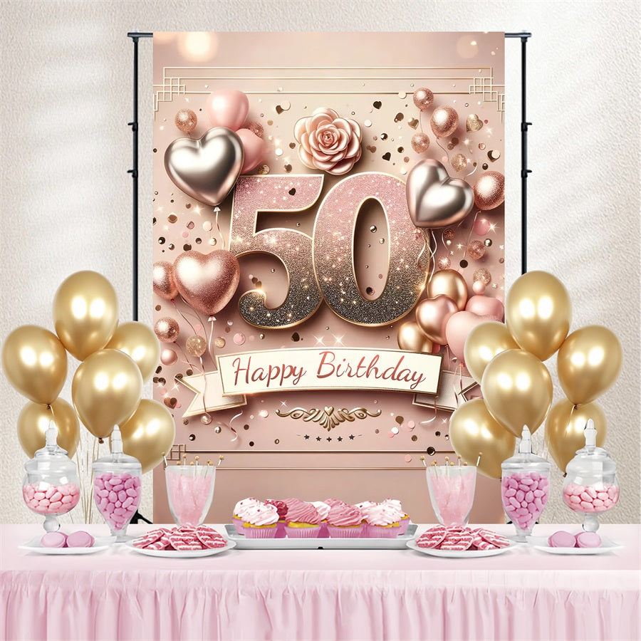 Toile de fond Anniversaire Personnalisable Ballons Cœur Rose 50ème GTY3-252