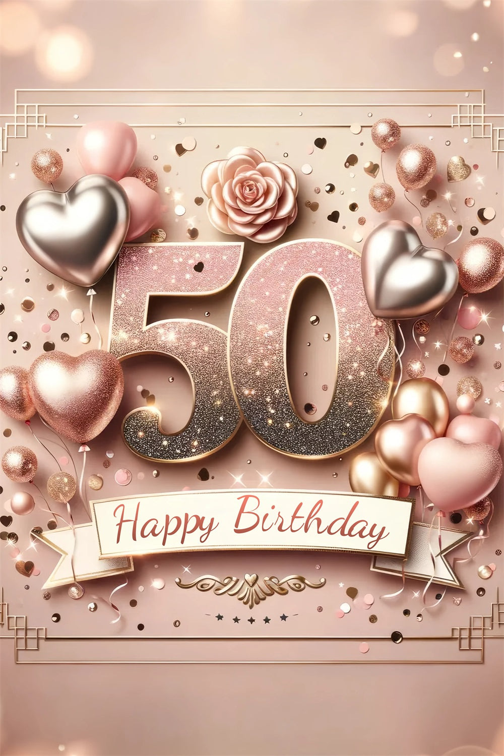 Toile de fond Anniversaire Personnalisable Ballons Cœur Rose 50ème GTY3-252