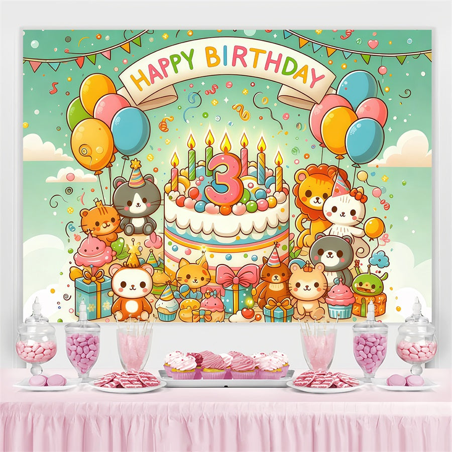 Toile de fond Anniversaire Personnalisable Dessin Animé Animaux Gâteau GTY3-256