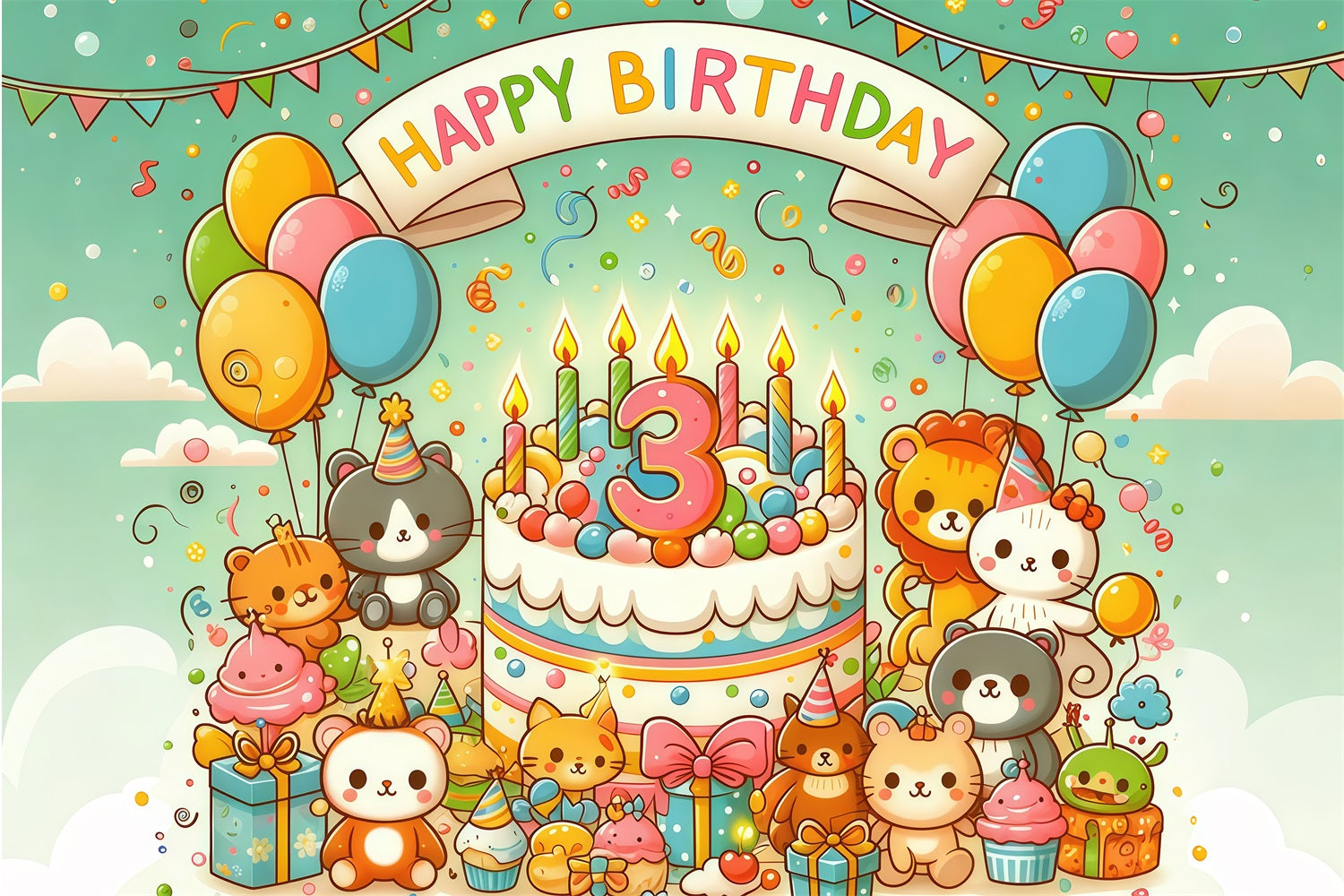 Toile de fond Anniversaire Personnalisable Dessin Animé Animaux Gâteau GTY3-256