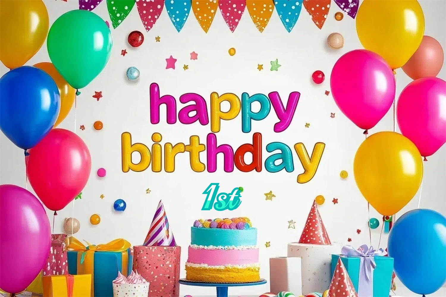 Toile de fond Photo Anniversaire Personnalisé Gâteau Coloré Ballons GTY3-258