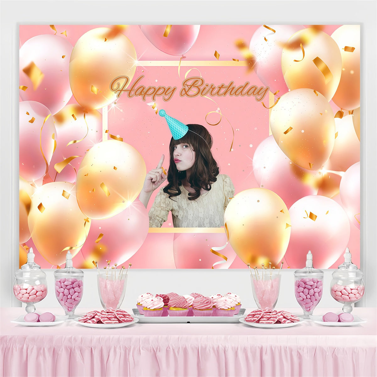 Toile de fond Anniversaire Personnalisée Fête Ballon Rose GTY3-263