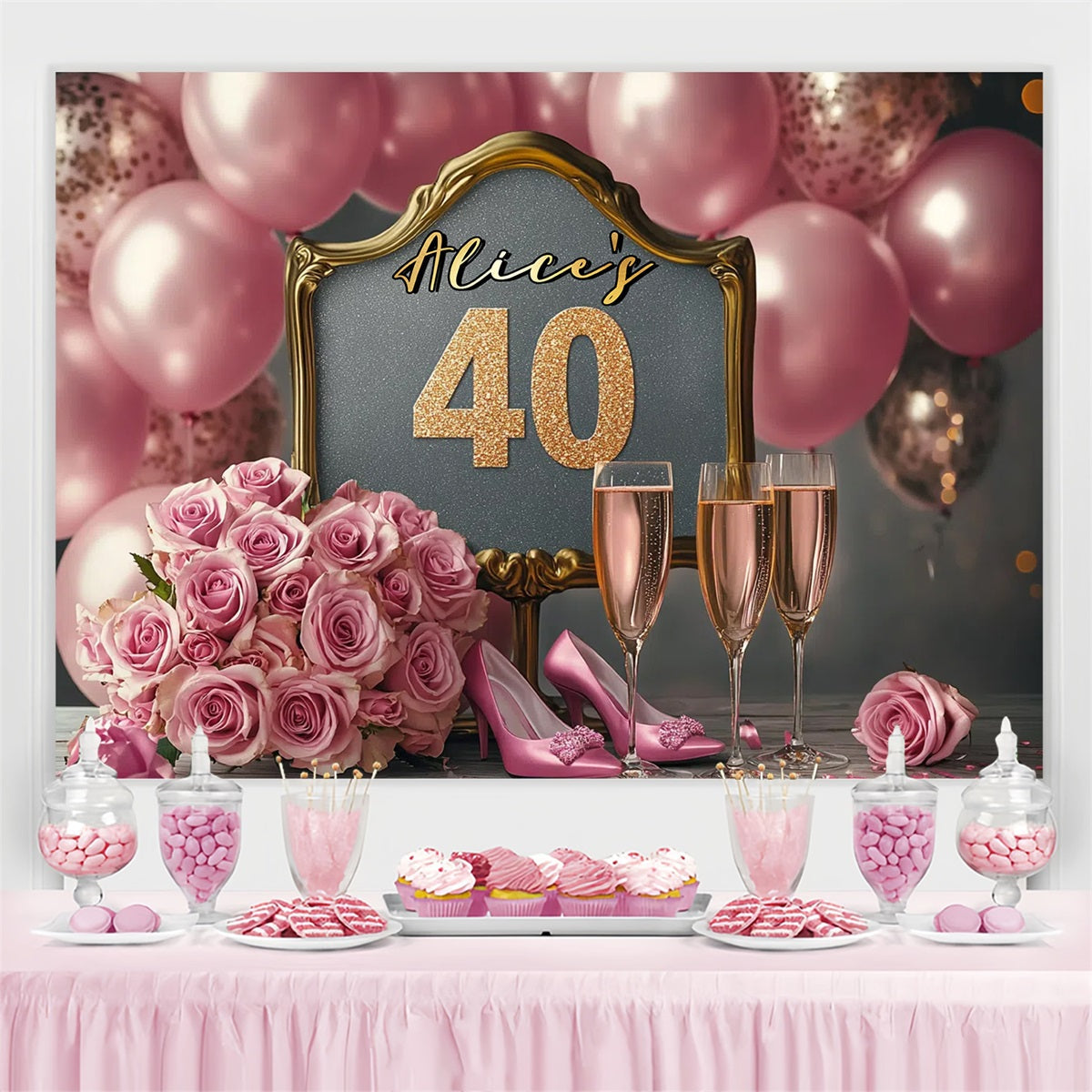 Toile de fond Anniversaire Personnalisée Ballons Champagne Roses Roses 40ème GTY3-264