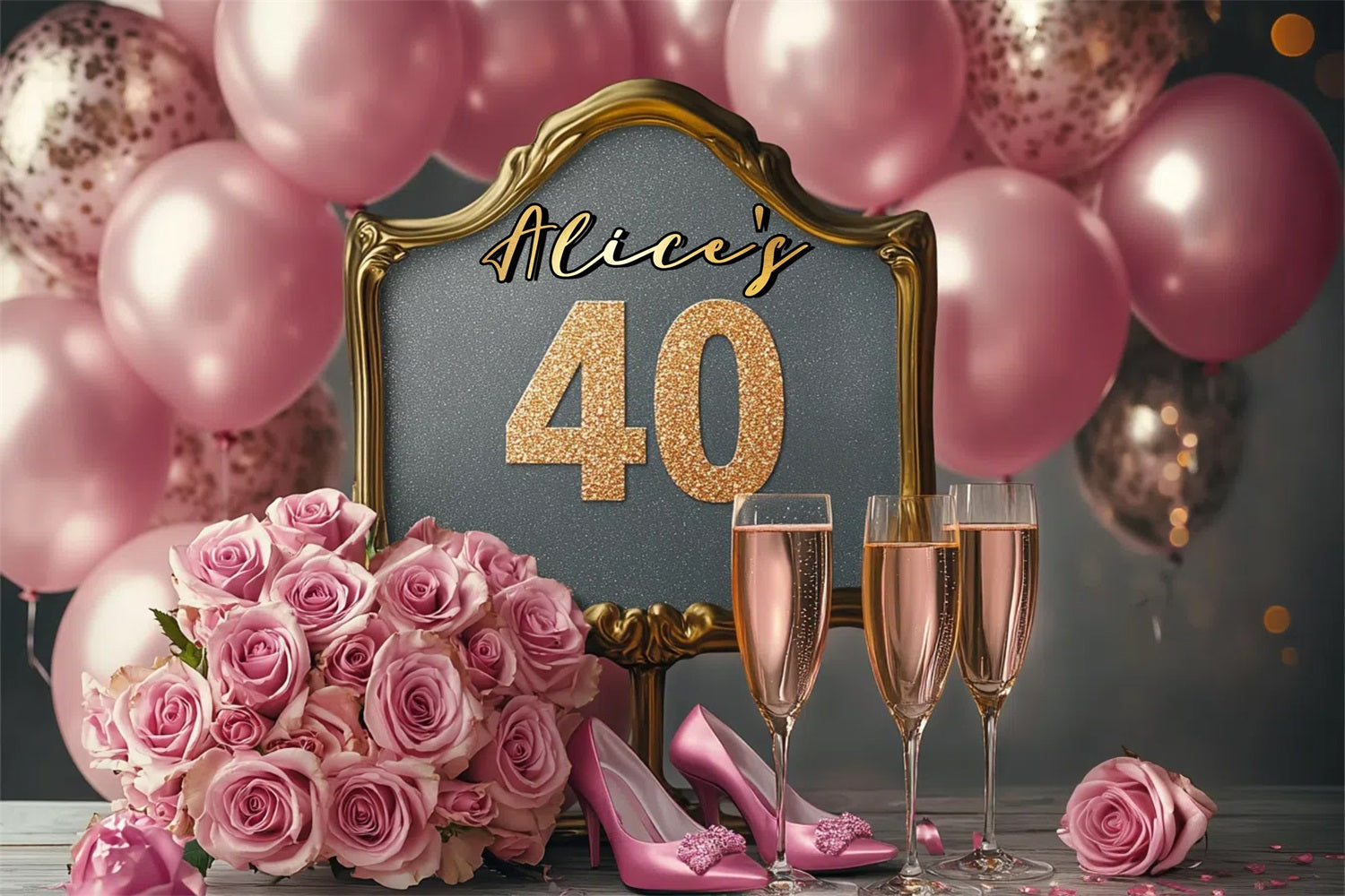 Toile de fond Anniversaire Personnalisée Ballons Champagne Roses Roses 40ème GTY3-264