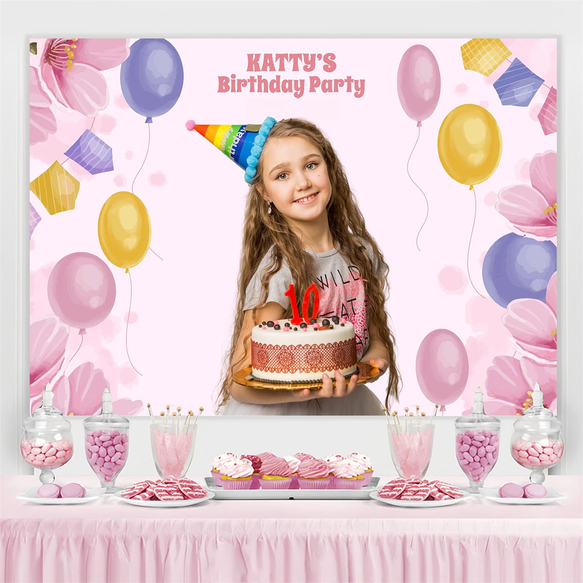 Toile de fond Photo Anniversaire Personnalisée Ballons Floraux Pastel GTY3-265