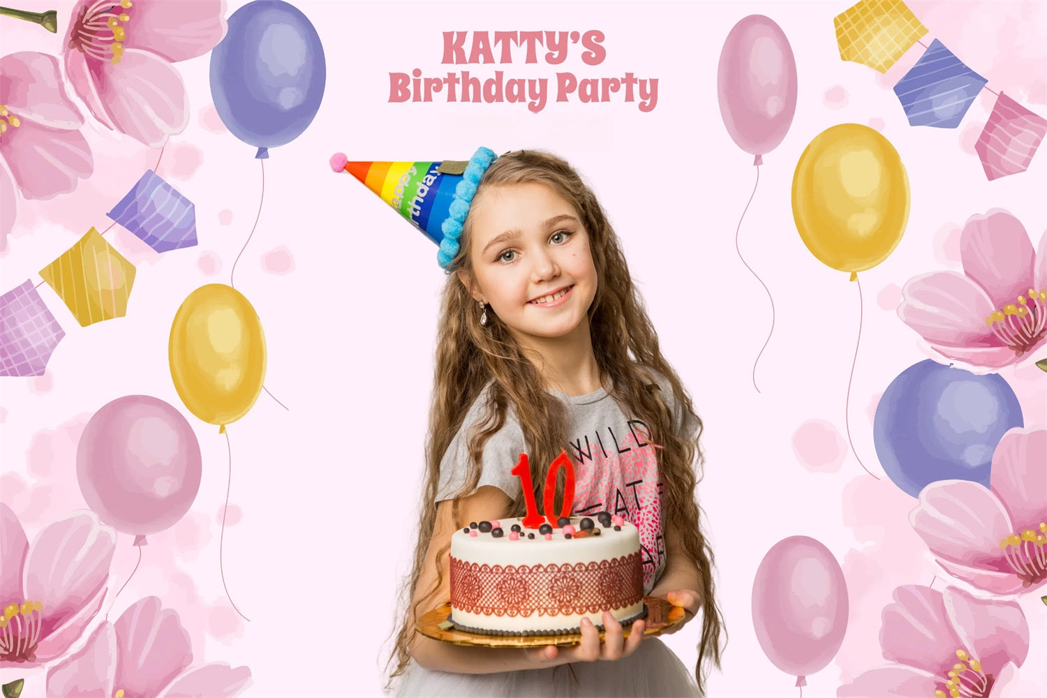 Toile de fond Photo Anniversaire Personnalisée Ballons Floraux Pastel GTY3-265