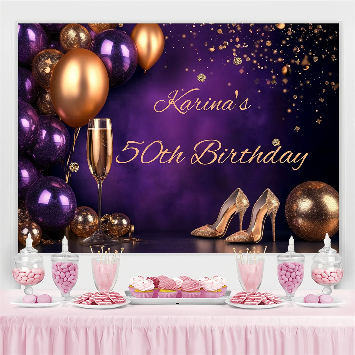 Toile de fond Anniversaire Personnalisée Ballons Champagne 50ème GTY3-266