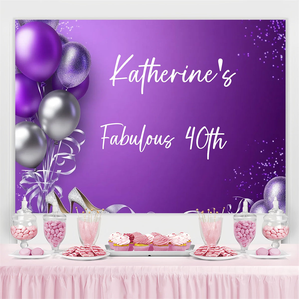 Toile de fond Anniversaire Personnalisée Ballons Violets GTY3-268
