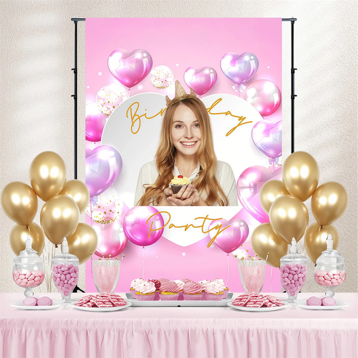 Toile de fond Anniversaire Personnalisée Ballon Cœur Rose GTY3-270