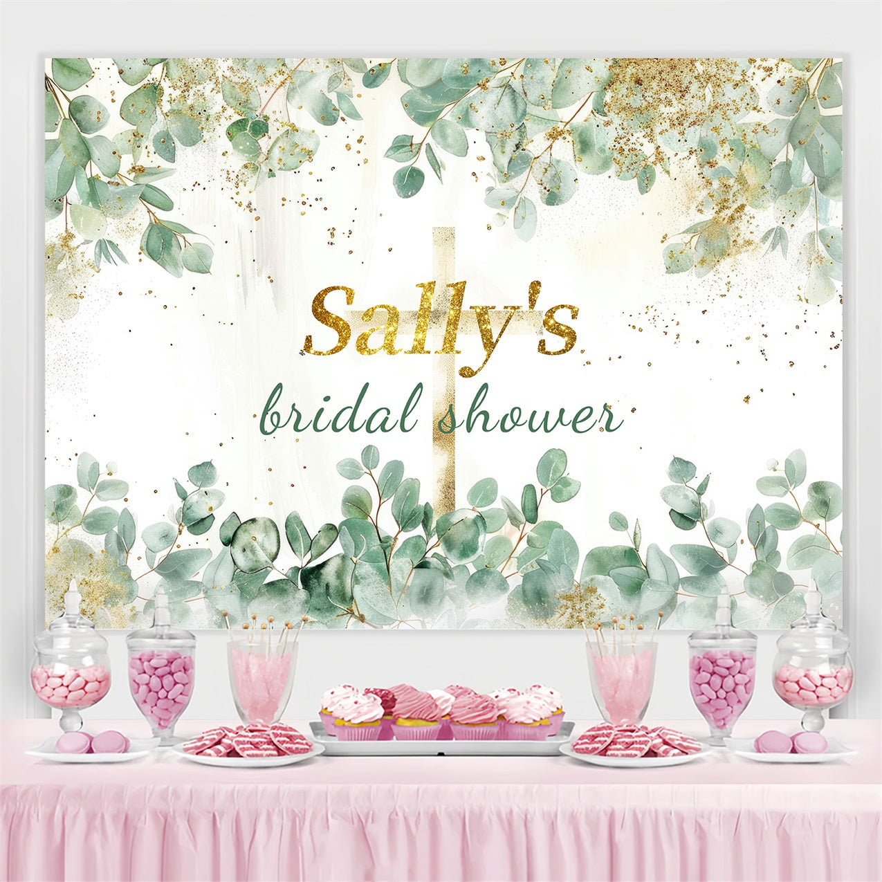 Toile de fond Fête Nuptiale Personnalisable Feuilles Vertes Scintillantes GTY3-271
