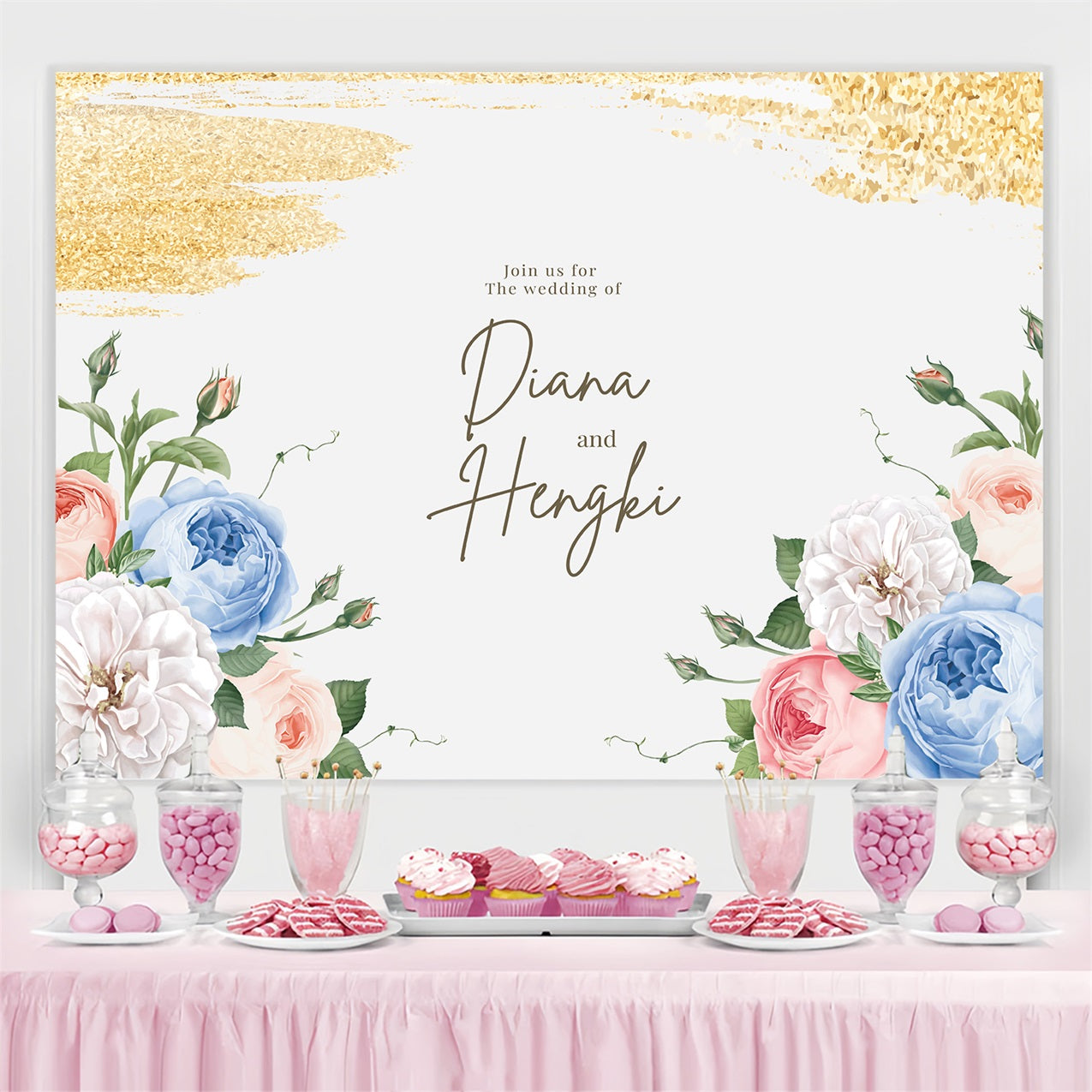 Toile de fond Personnalisée Mariage Personnalisable Fleurs Dorées Scintillantes GTY3-273