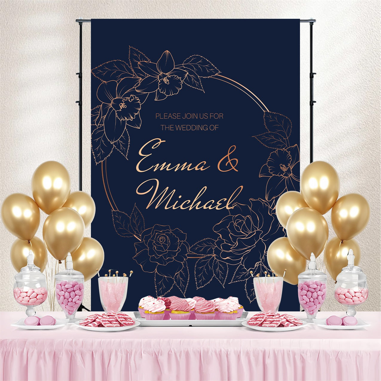 Toile de fond Photo Mariage Personnalisable Fleurs Bleues Foncées GTY3-274