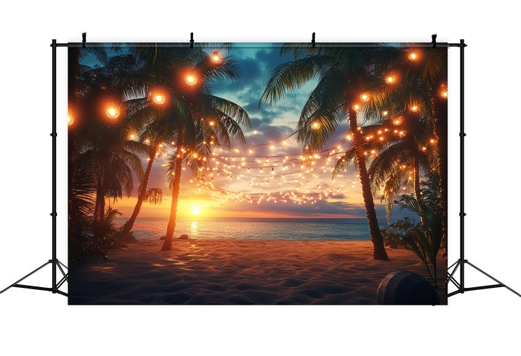 Toile de fond de Plage Été Coucher de Soleil Palmier Guirlande Lumineuse GTY3-281