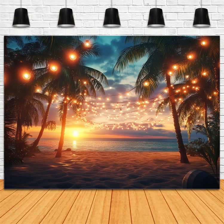 Toile de fond de Plage Été Coucher de Soleil Palmier Guirlande Lumineuse GTY3-281