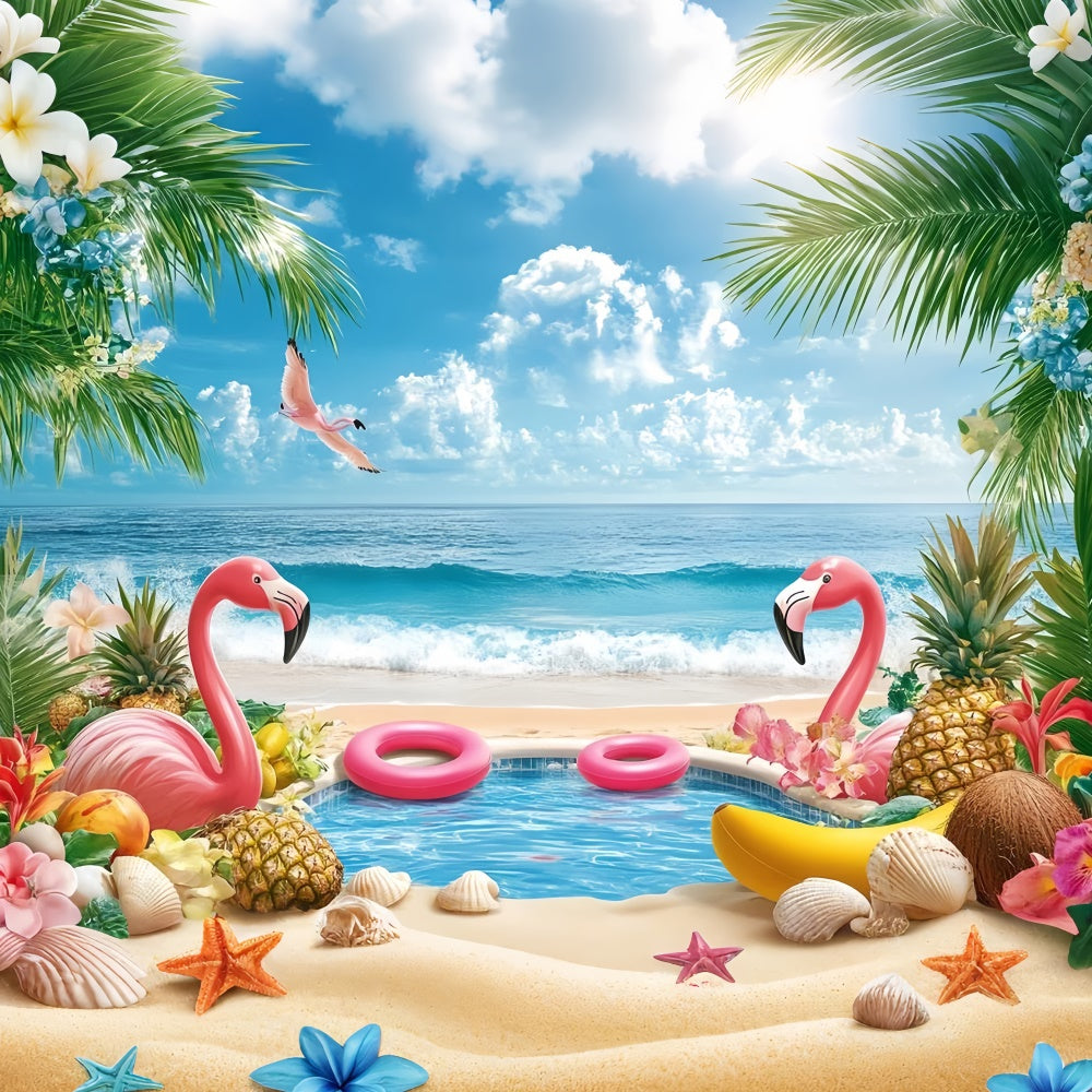 Toile de fond de Plage Été Fruits Tropicaux Flamant Rose GTY3-282