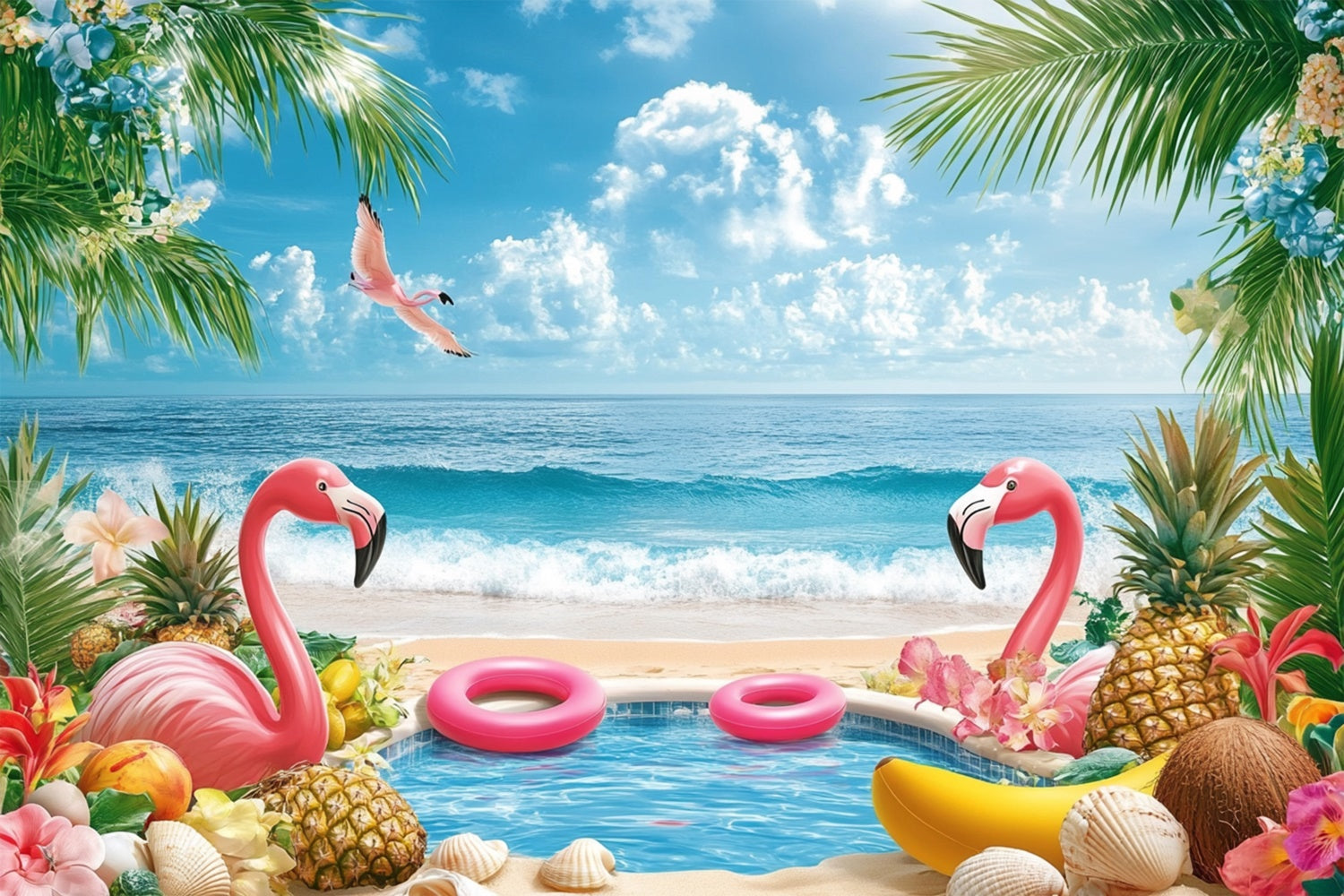 Toile de fond de Plage Été Fruits Tropicaux Flamant Rose GTY3-282