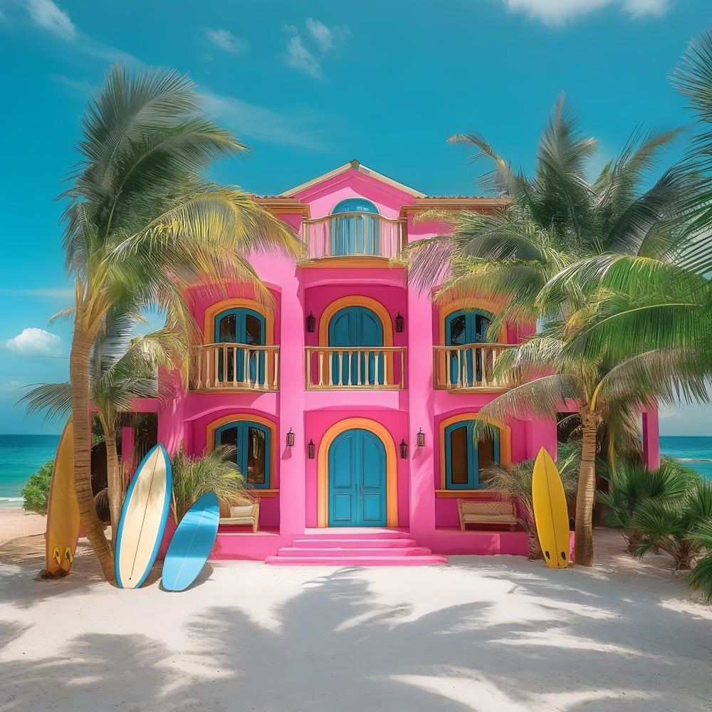 Toile de fond Été Maison de Plage Rose Palmier GTY3-283