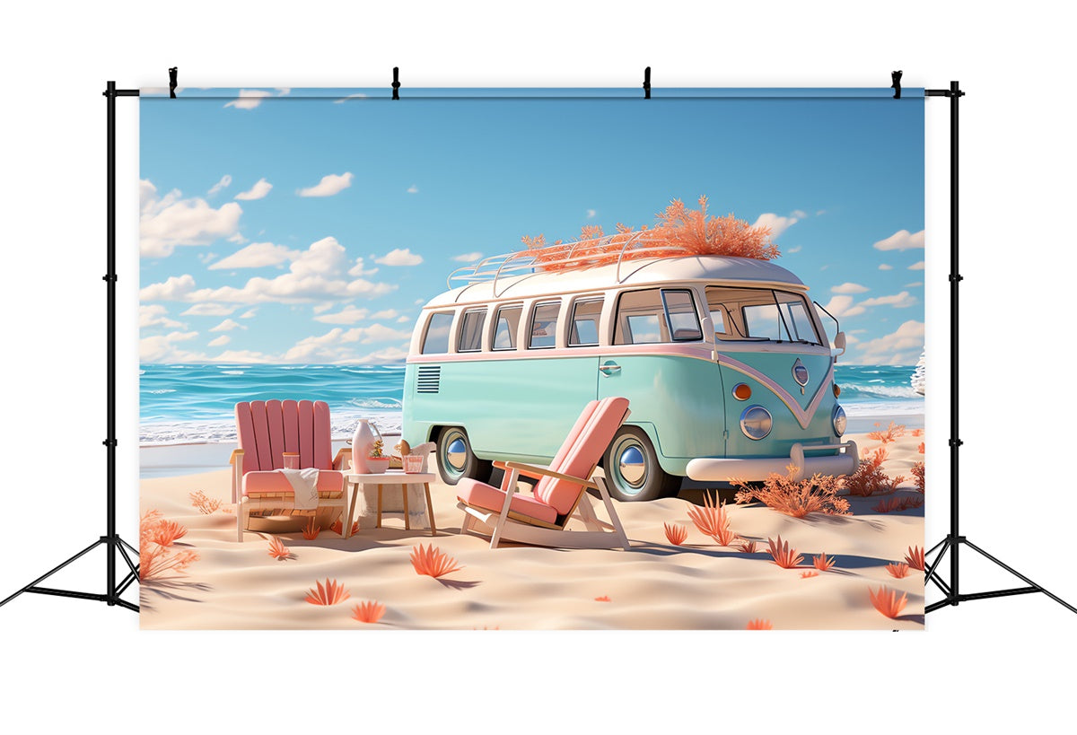 Toile de fond de Plage Été Rétro Camping-Voiture Océan GTY3-286