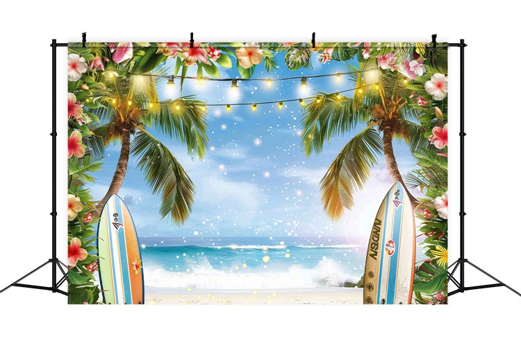 Toile de fond de Plage Été Planche de Surf Palmier Océan GTY3-288
