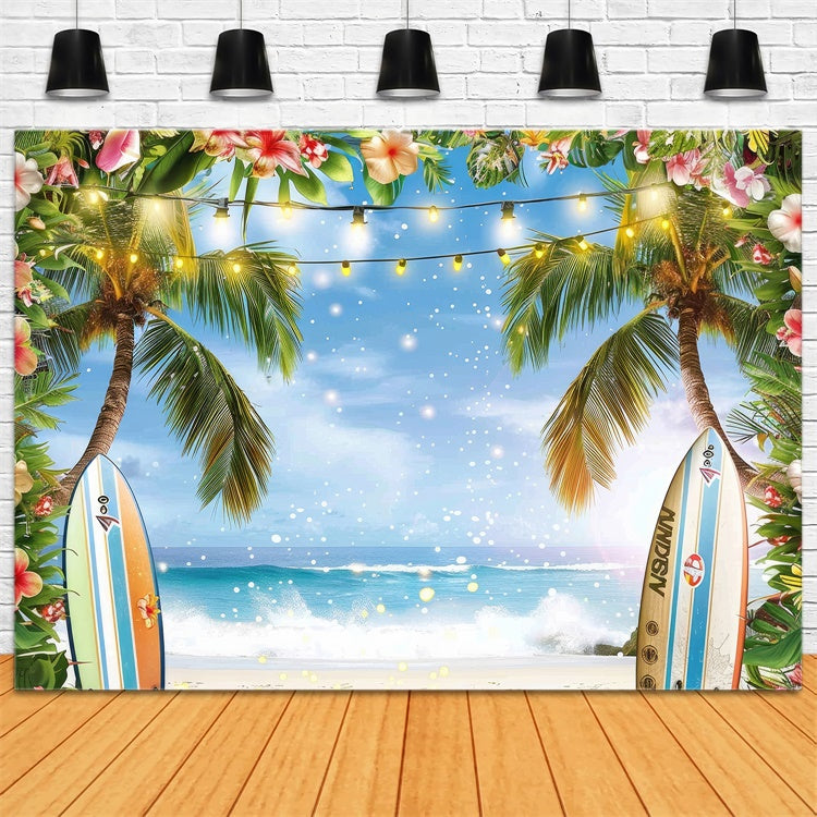Toile de fond de Plage Été Planche de Surf Palmier Océan GTY3-288