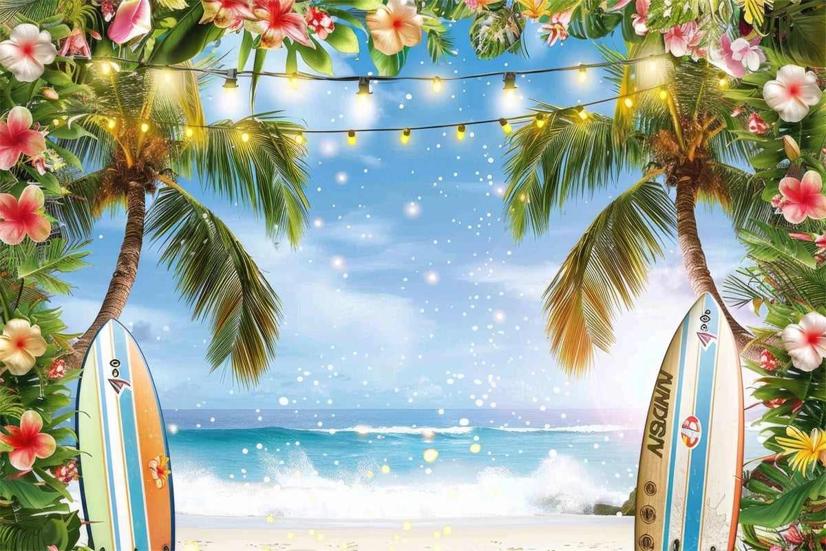 Toile de fond de Plage Été Planche de Surf Palmier Océan GTY3-288