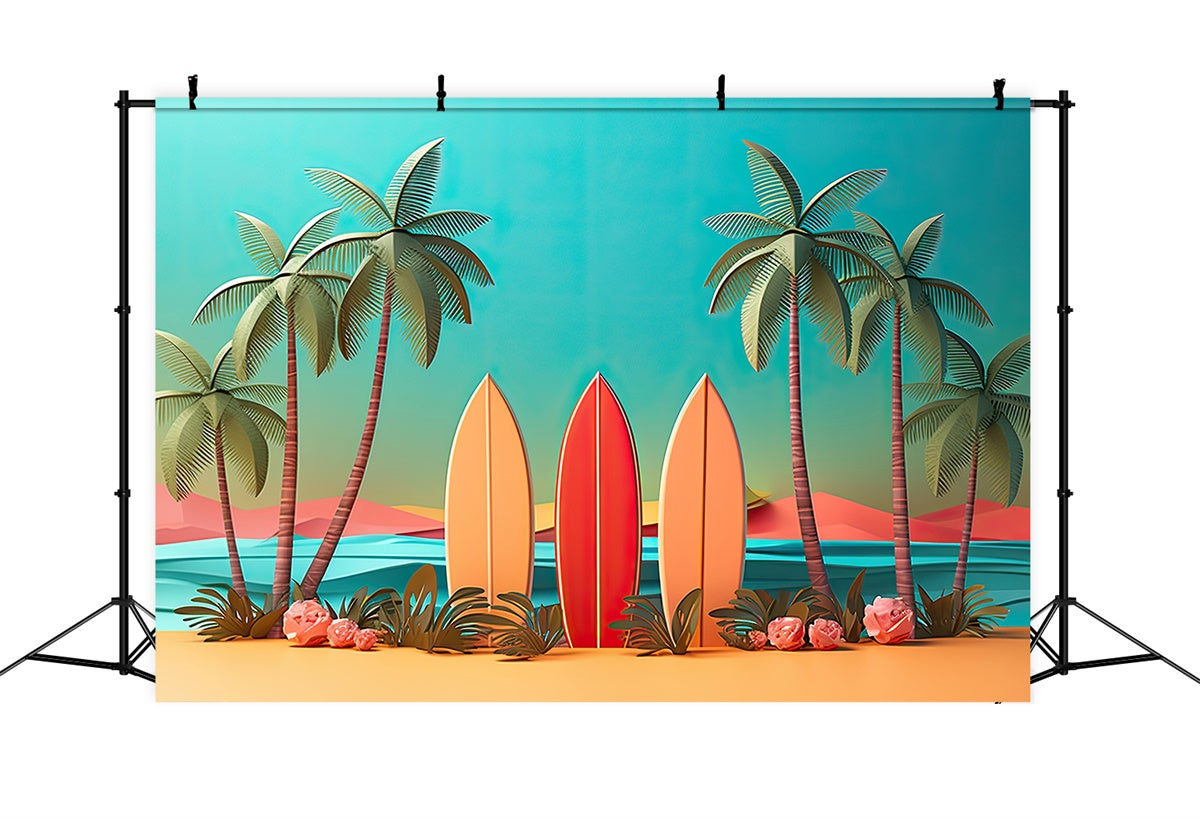 Toile de fond de Plage Été Planches de Surf Colorées Coucher de Soleil GTY3-292