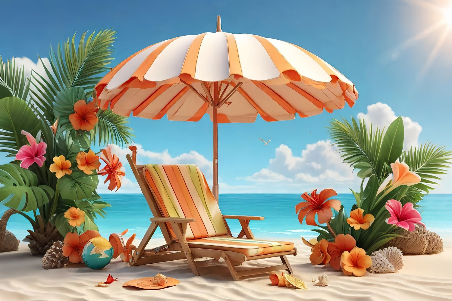 Toile de fond de Plage Été Palmier Fleurs Chaise GTY3-293