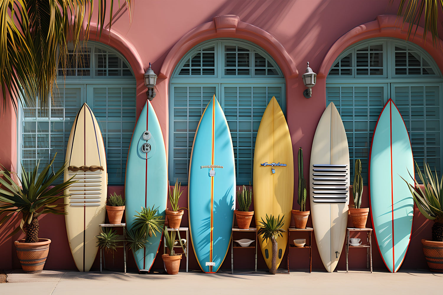 Toile de fond de Plage Été Planches de Surf Colorées GTY3-298