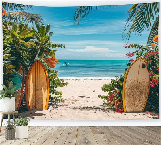 Toile de fond de Plage Été Planche de Surf Fleurs Mer GTY3-300