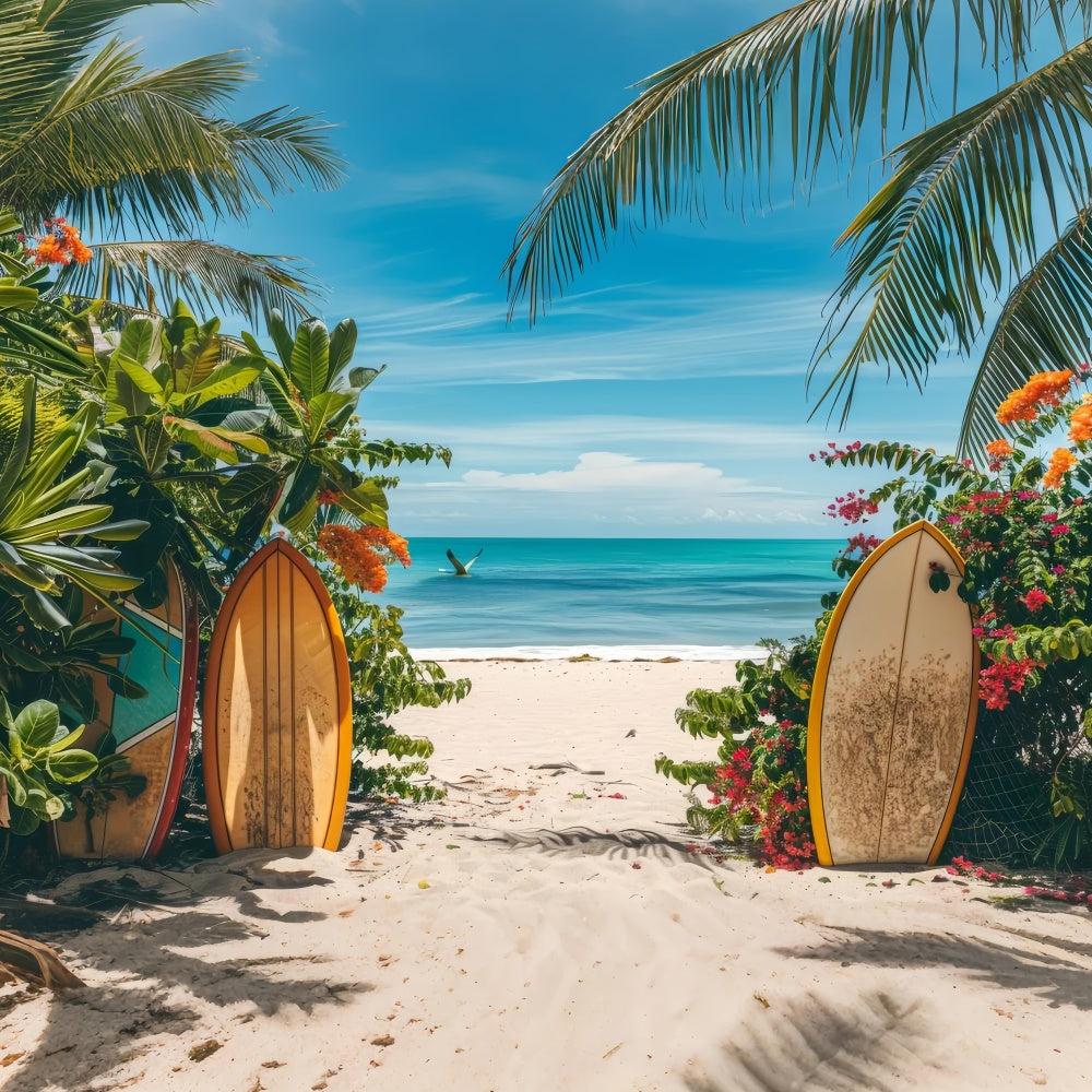 Toile de fond de Plage Été Planche de Surf Fleurs Mer GTY3-300