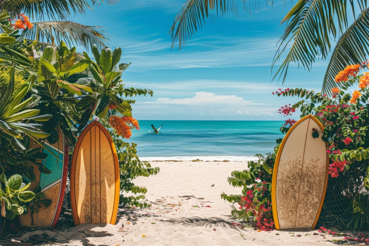 Toile de fond de Plage Été Planche de Surf Fleurs Mer GTY3-300