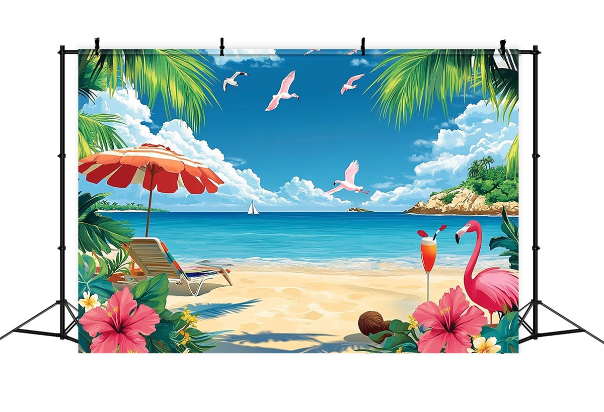 Toile de fond de Plage Été Flamants Roses Île Tropicale GTY3-304