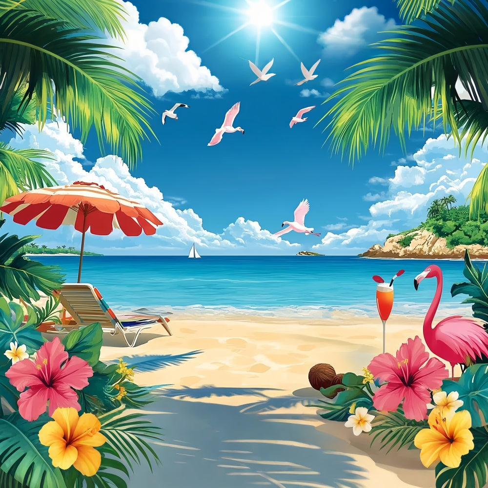 Toile de fond de Plage Été Flamants Roses Île Tropicale GTY3-304