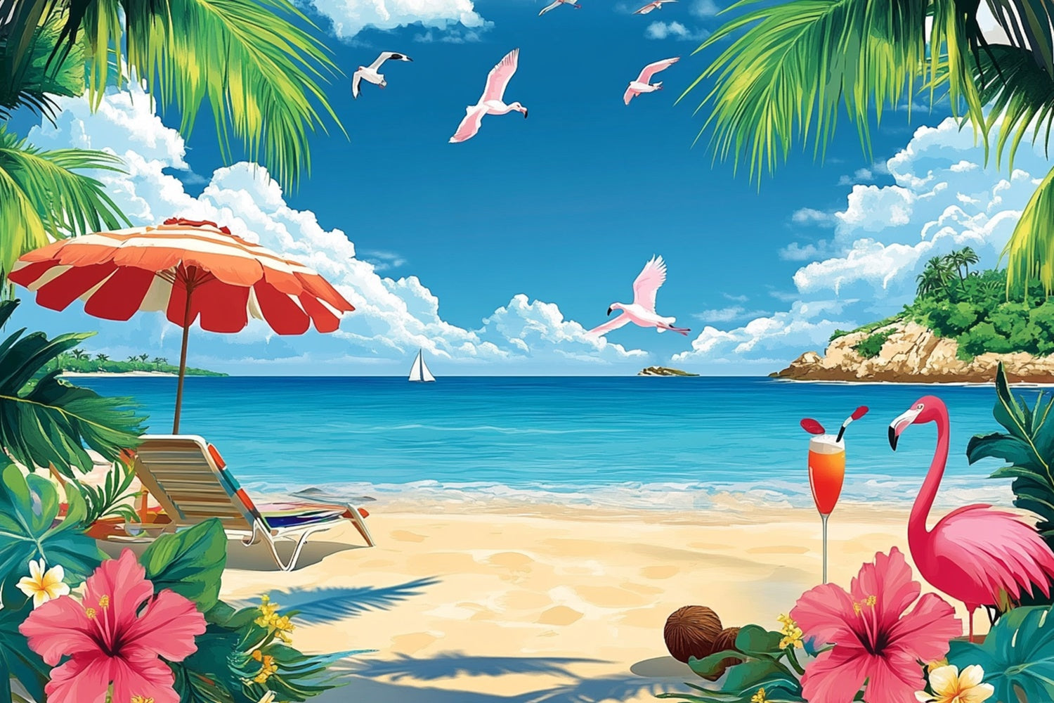 Toile de fond de Plage Été Flamants Roses Île Tropicale GTY3-304