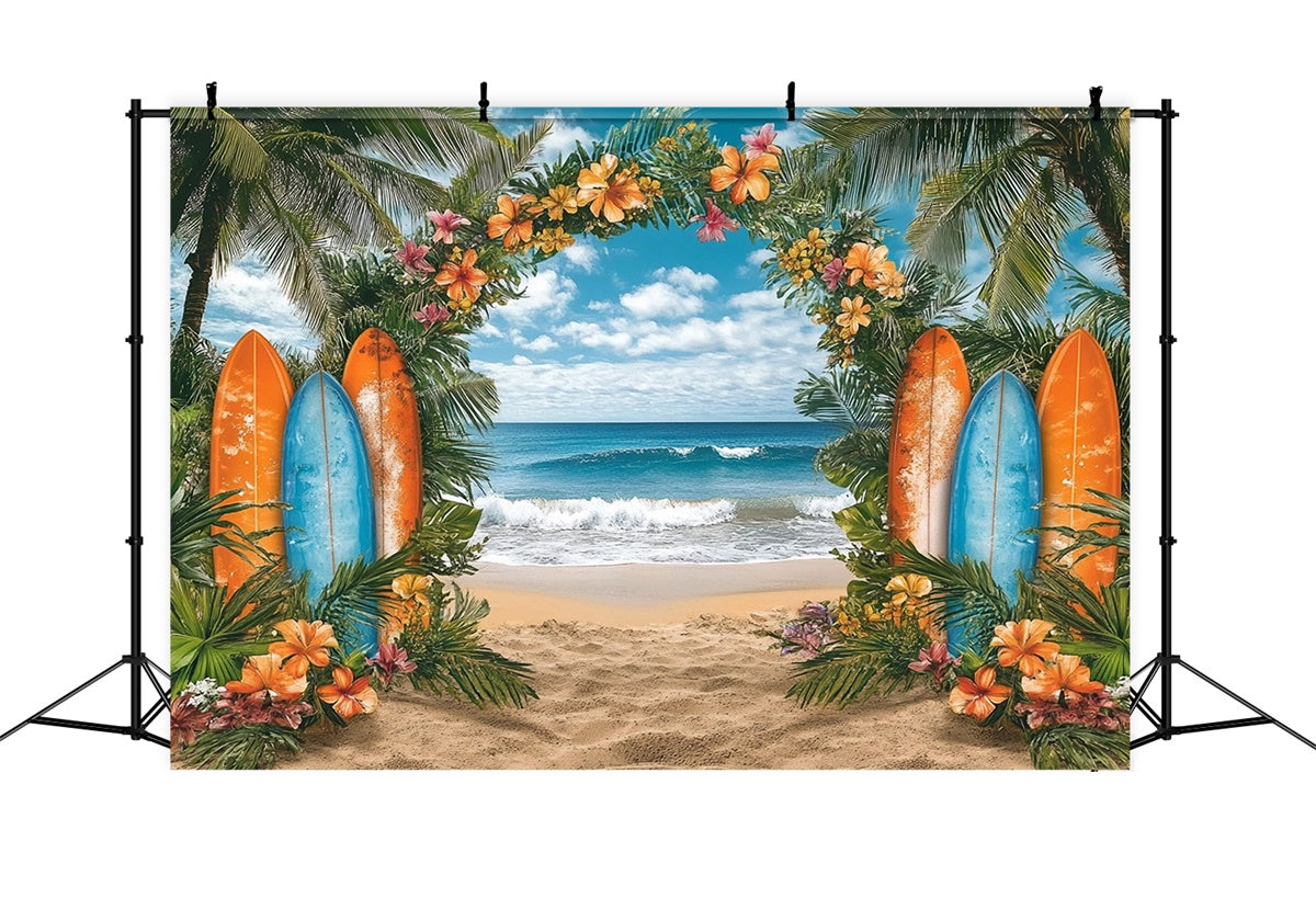 Toile de fond de Plage Été Fleurs Tropicales Planche de Surf GTY3-307