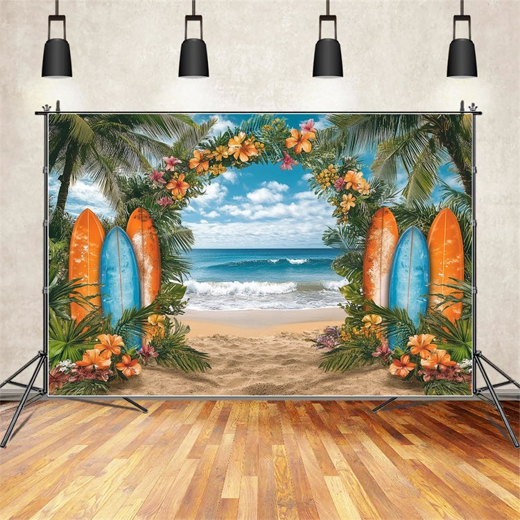 Toile de fond de Plage Été Fleurs Tropicales Planche de Surf GTY3-307