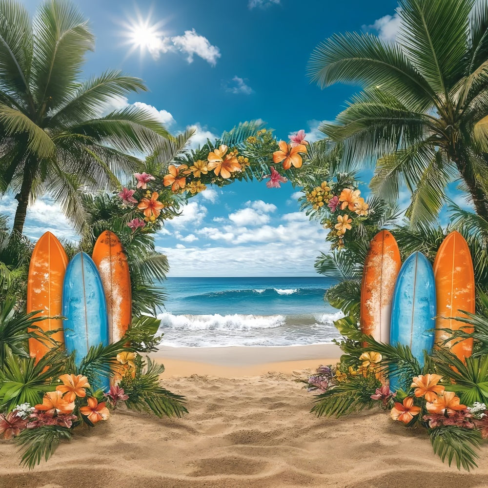 Toile de fond de Plage Été Fleurs Tropicales Planche de Surf GTY3-307