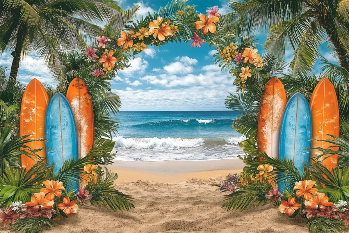 Toile de fond de Plage Été Fleurs Tropicales Planche de Surf GTY3-307