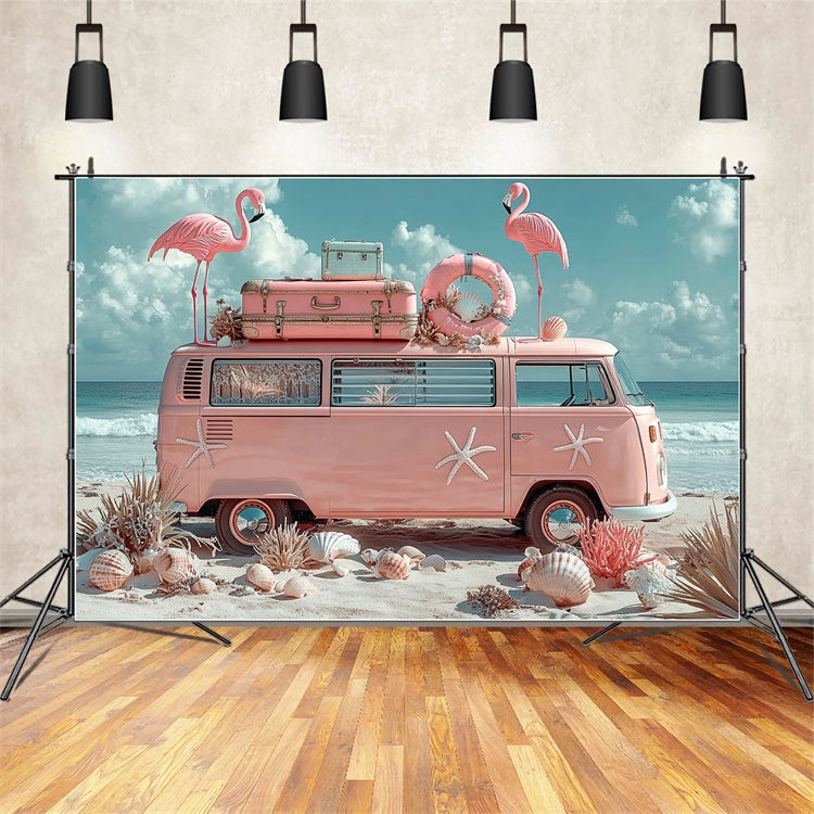 Toile de fond de Plage Été Flamant Rose Van Tropical GTY3-309