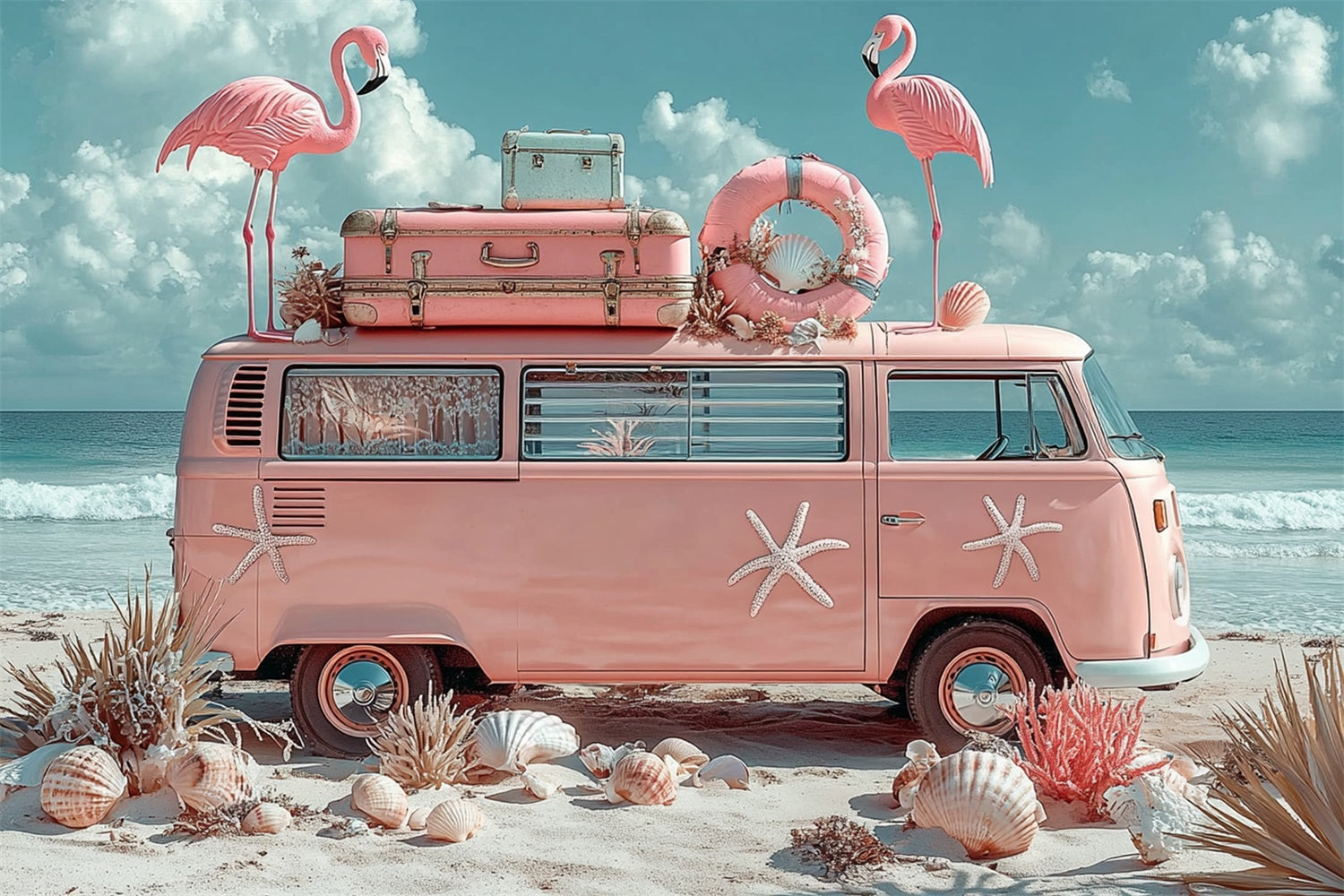 Toile de fond de Plage Été Flamant Rose Van Tropical GTY3-309