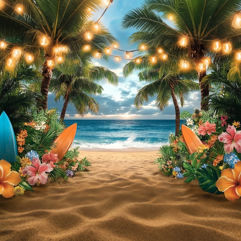 Toile de fond de Plage Été Lumières Coucher de Soleil Palmier GTY3-310