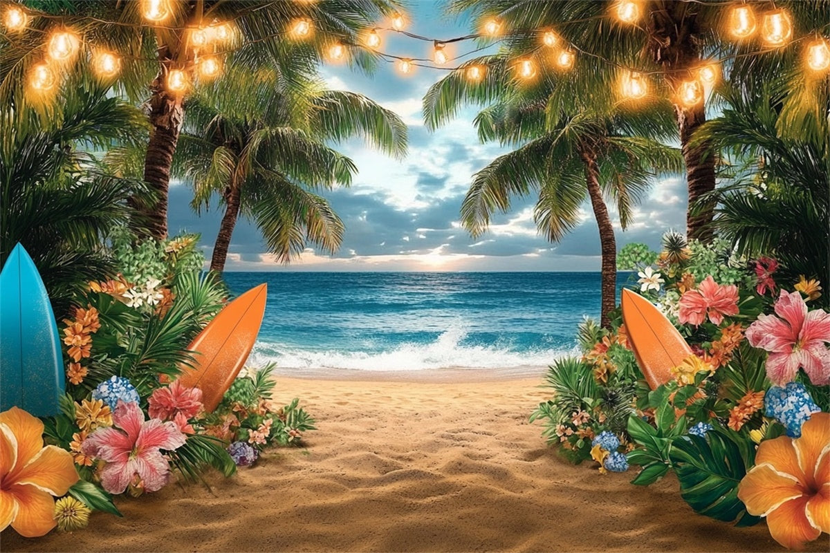 Toile de fond de Plage Été Lumières Coucher de Soleil Palmier GTY3-310